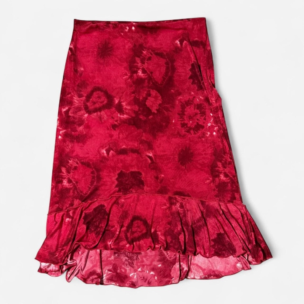 Susan Lawrence Vintage Y2K Red Tie Dye Ruffle Midi Skirt Whimsygoth Grunge Boho